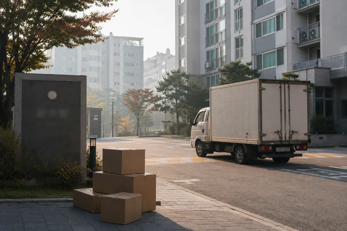 9월 손없는 날 이사를 앞두고 이른 가을 새벽 한국 아파트 단지에 이사 트럭과 빈 상자가 놓인 풍경