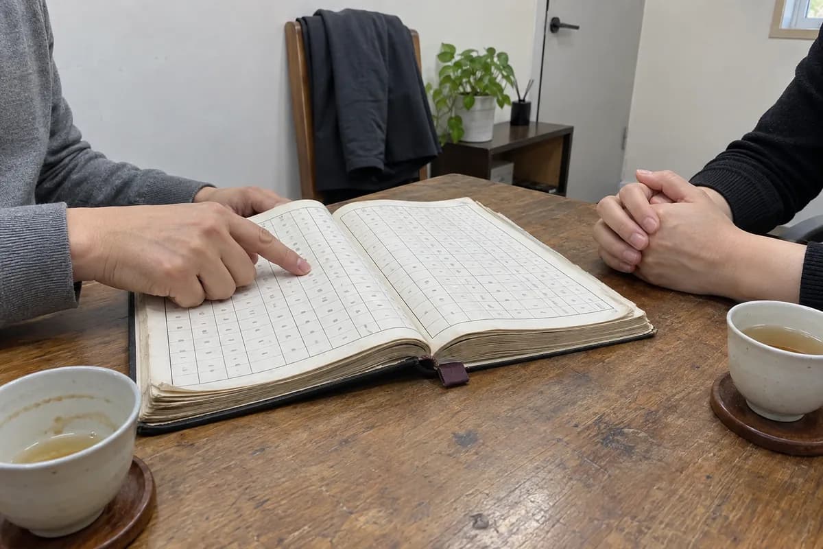 세운 보는 법 대표 이미지, 상담 탁자에서 만세력의 한 줄을 짚으며 사주를 풀어 보는 손과 찻잔 reading the year