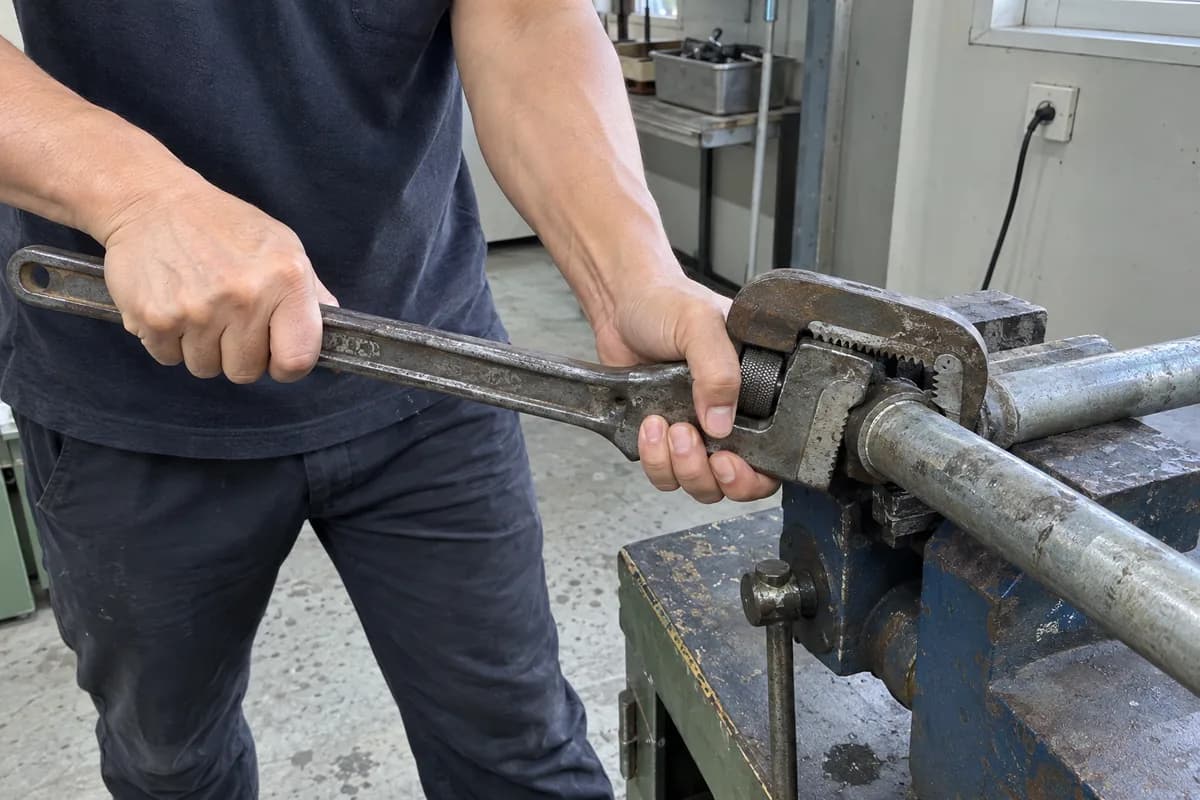 양인살 대표 이미지, 바이스에 문 쇠파이프를 파이프렌치로 힘껏 조이는 두 손 pipe wrench