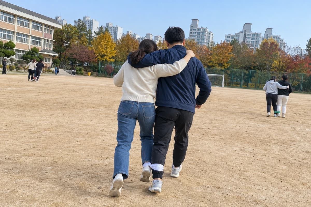 합 대표 이미지, 운동회 2인3각으로 발목을 묶고 함께 걷는 두 사람 bound together and moving as one