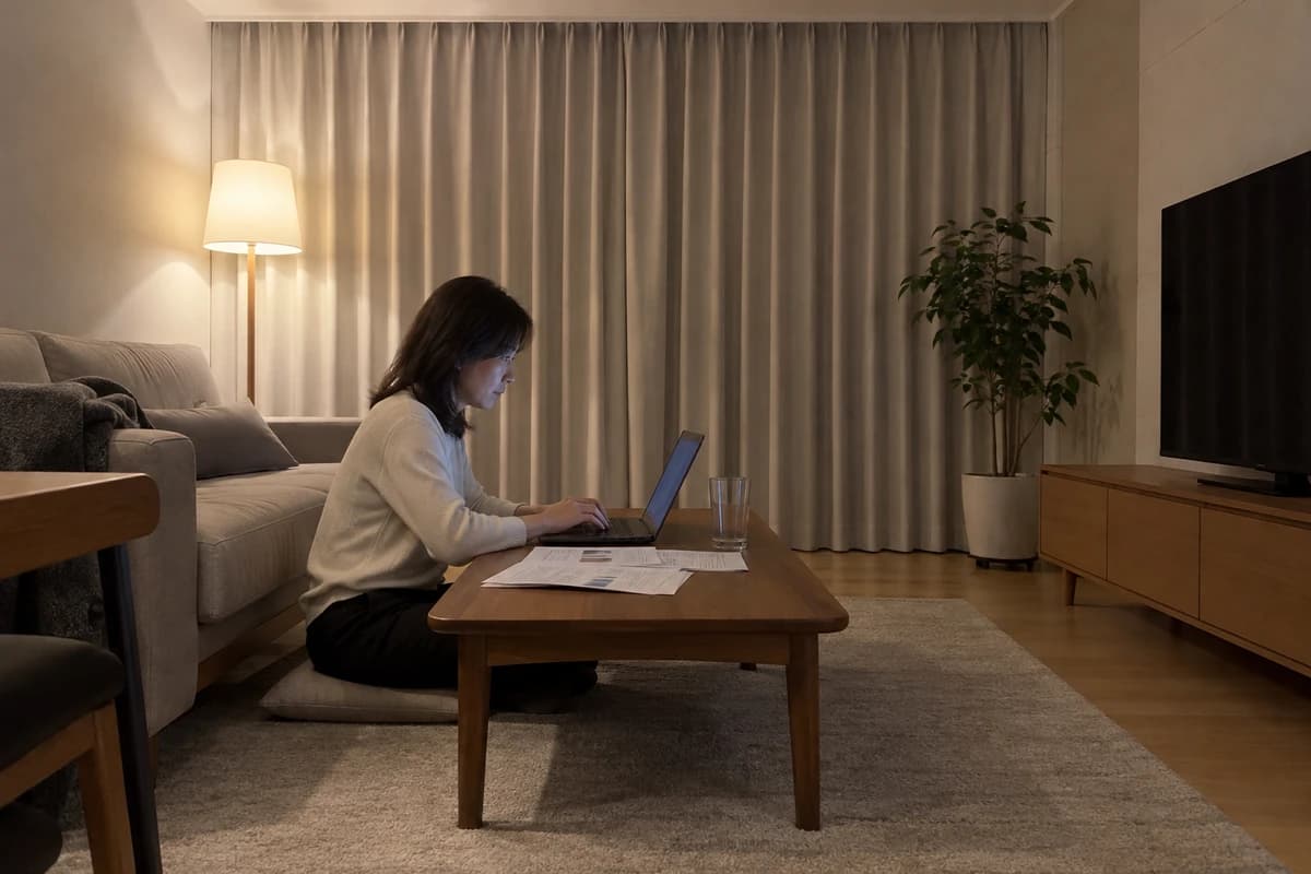 사주에 수가 없으면 대표 이미지, 밤늦게 거실에서 일하는 40대 여성 옆의 빈 물잔 no time to rest