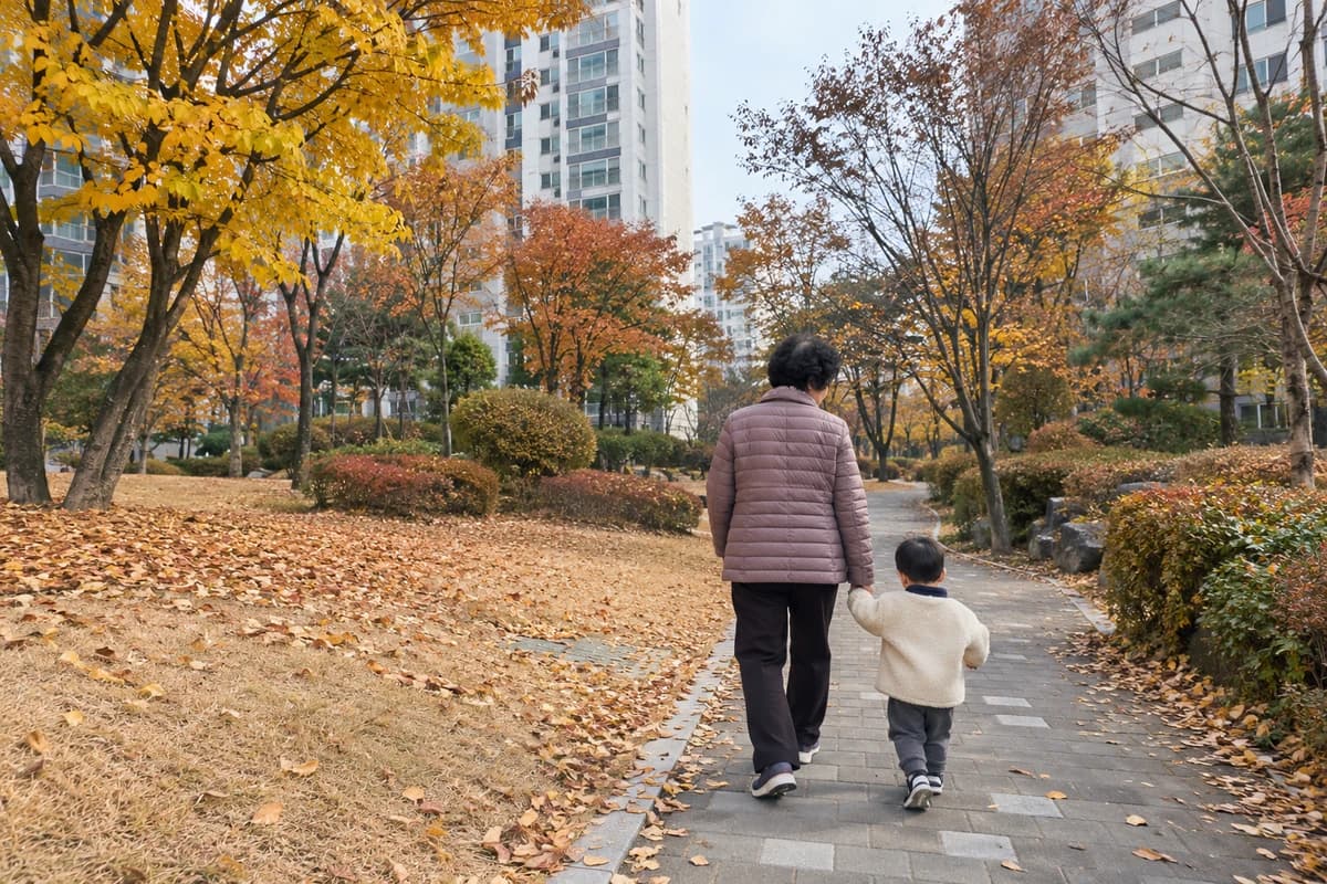 육친 대표 이미지, 늦가을 아파트 산책로를 손잡고 걷는 할머니와 손주 뒷모습 family read through the chart