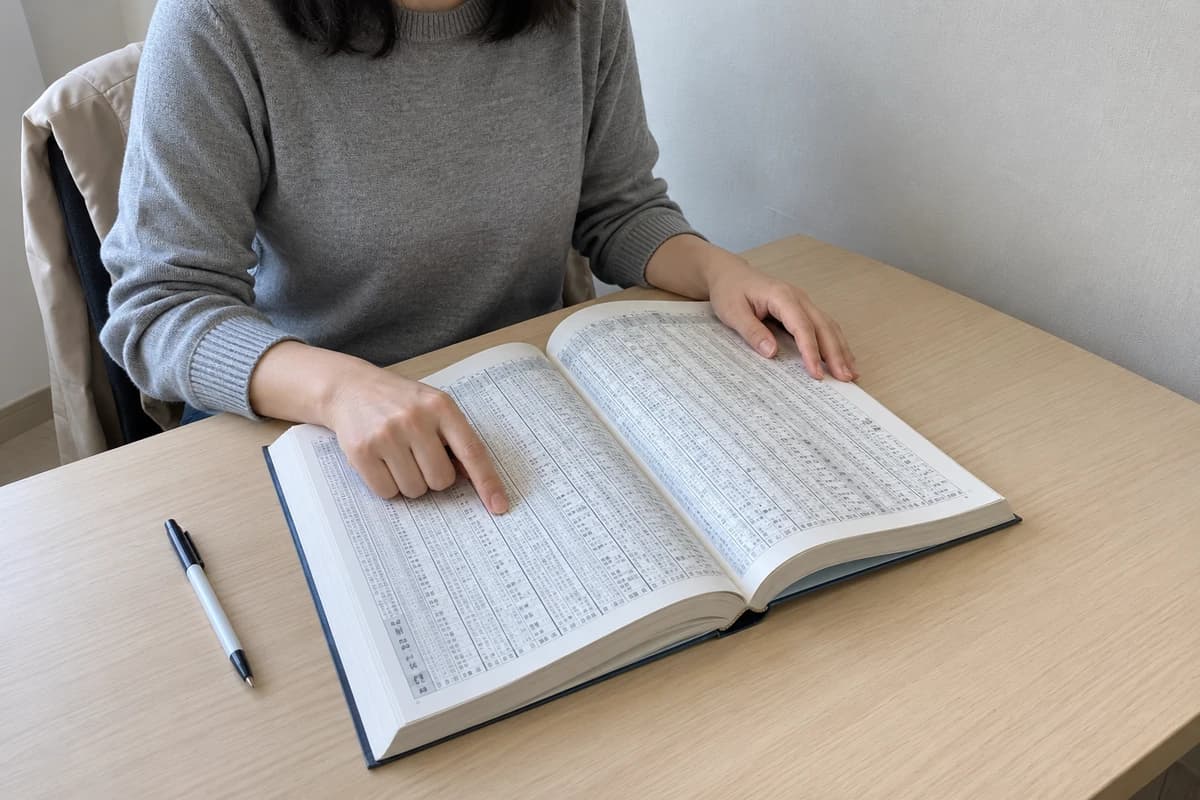 십이운성 대표 이미지, 집 책상에서 만세력 책을 펼쳐 일간 글자를 짚어 보는 손