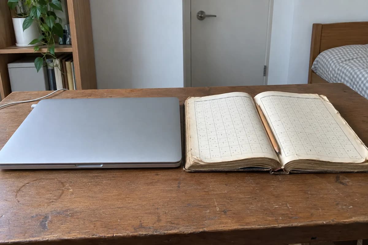 AI 사주 대표 이미지, 책상에 나란히 놓인 닫힌 노트북과 펼쳐진 낡은 만세력 machine and book