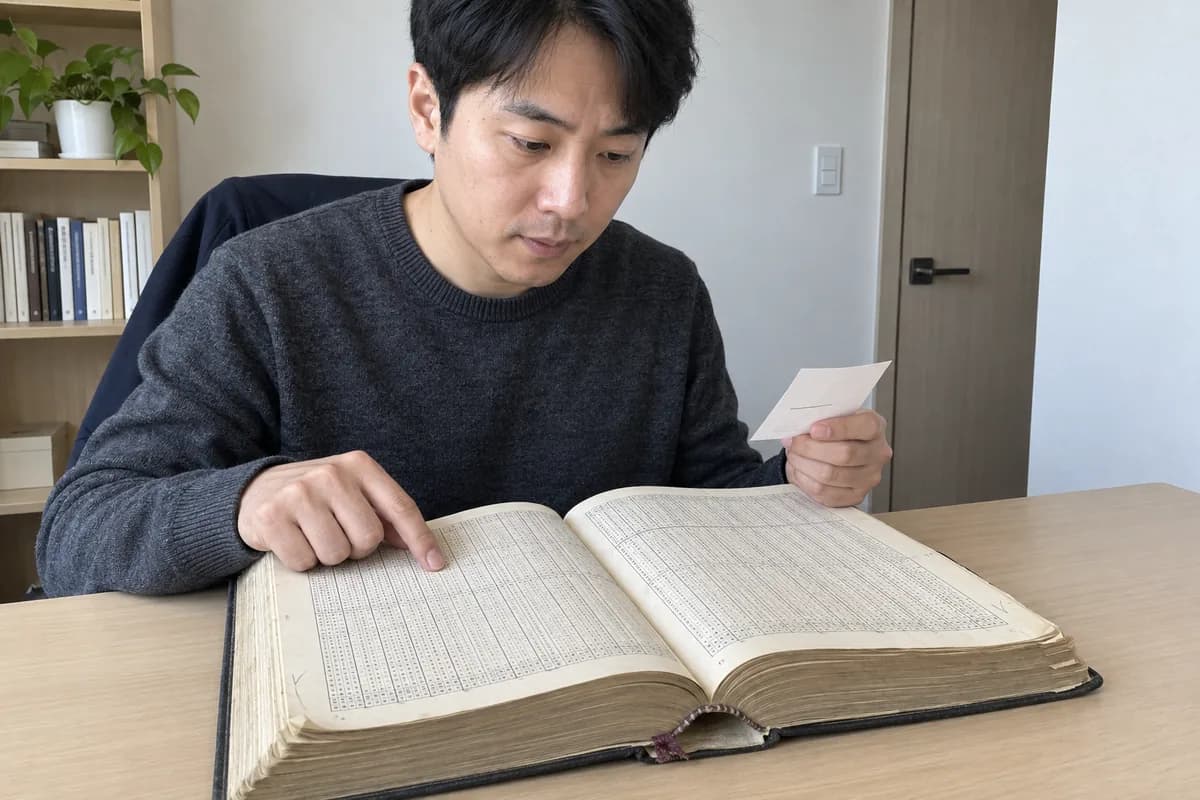 공망 대표 이미지, 만세력을 펼쳐 생년월일 메모와 대조하며 내 일주를 찾는 사람 checking the almanac