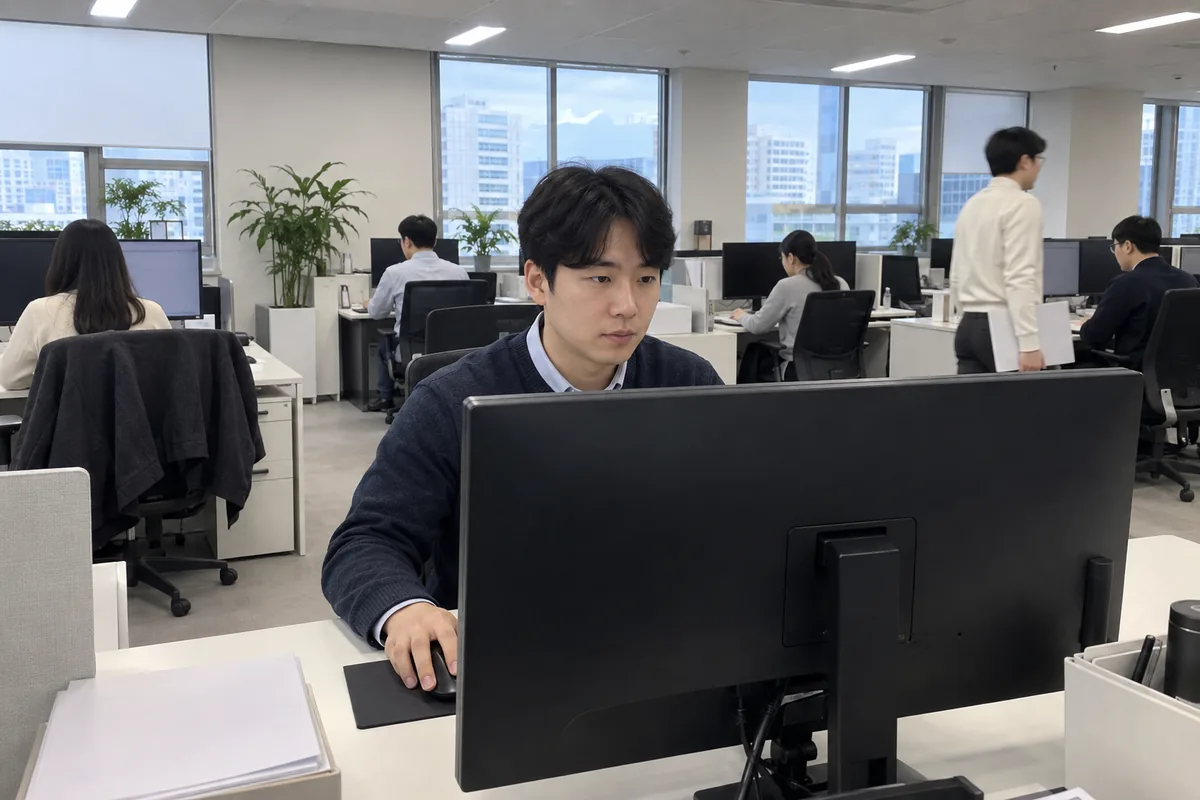 관성 없는 사주 대표 이미지, 사무실 책상에서 모니터를 보며 일하는 직장인 at work