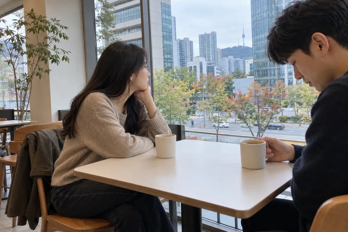 연애 오래 못가는 사주 대표 이미지, 카페에서 대화가 끊겨 서로 다른 곳을 바라보는 연인 a quiet moment