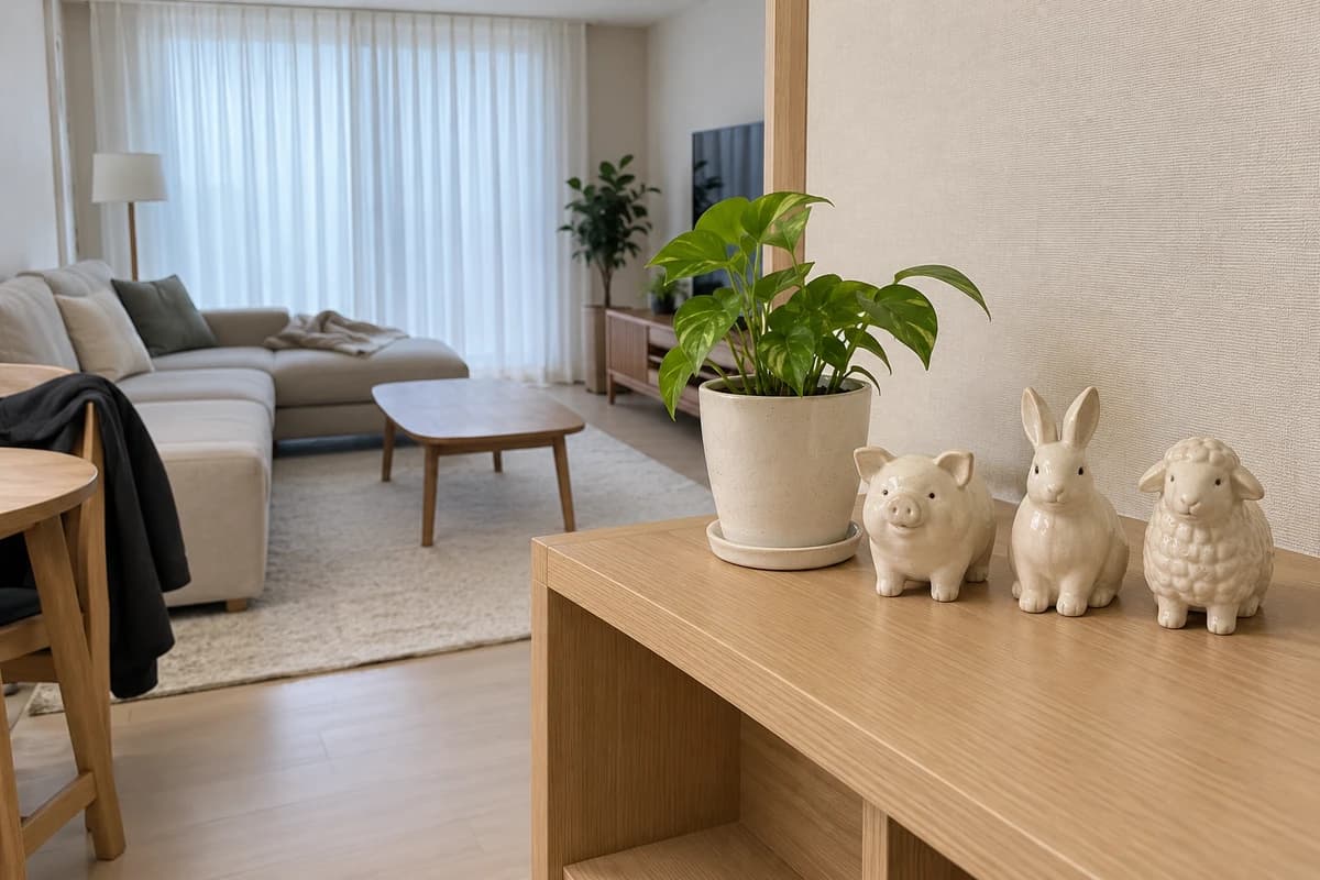 2027년 삼재띠 대표 이미지, 선반 위에 나란히 놓인 돼지 토끼 양 도자기 인형 pig rabbit and sheep