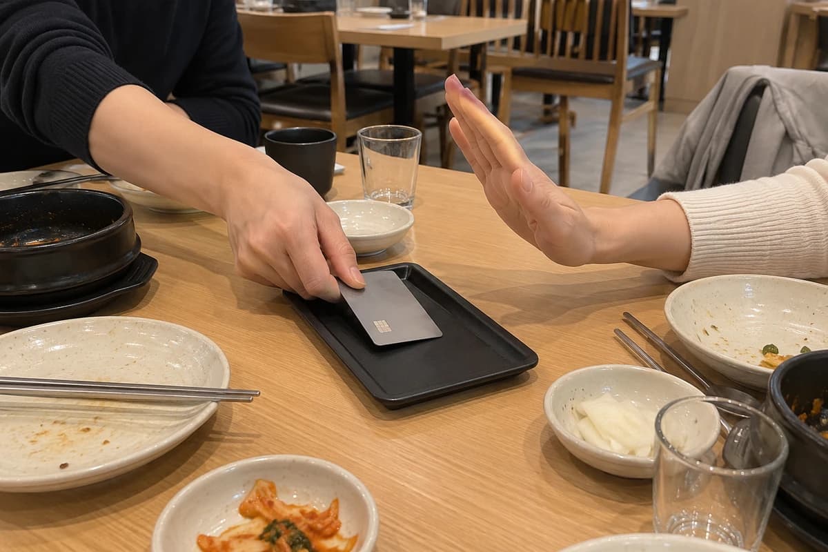 겁재 사주 대표 이미지, 식사 후 계산 쟁반에 먼저 카드를 올리고 맞은편이 말리는 손 paying for everyone