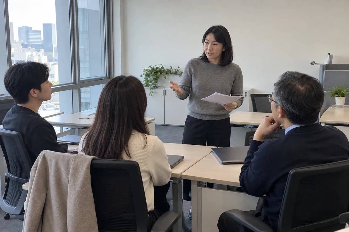 괴강살 대표 이미지, 아침 회의에서 팀원들을 이끌며 업무를 나눠 주는 여성 리더 taking the lead