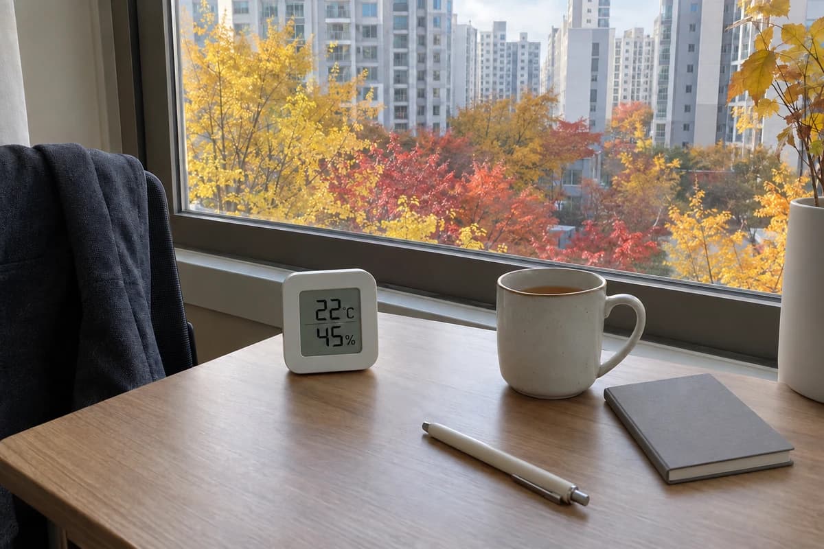 조후 대표 이미지, 단풍 보이는 창가 책상의 22도 45% 온습도계 reading temperature and humidity