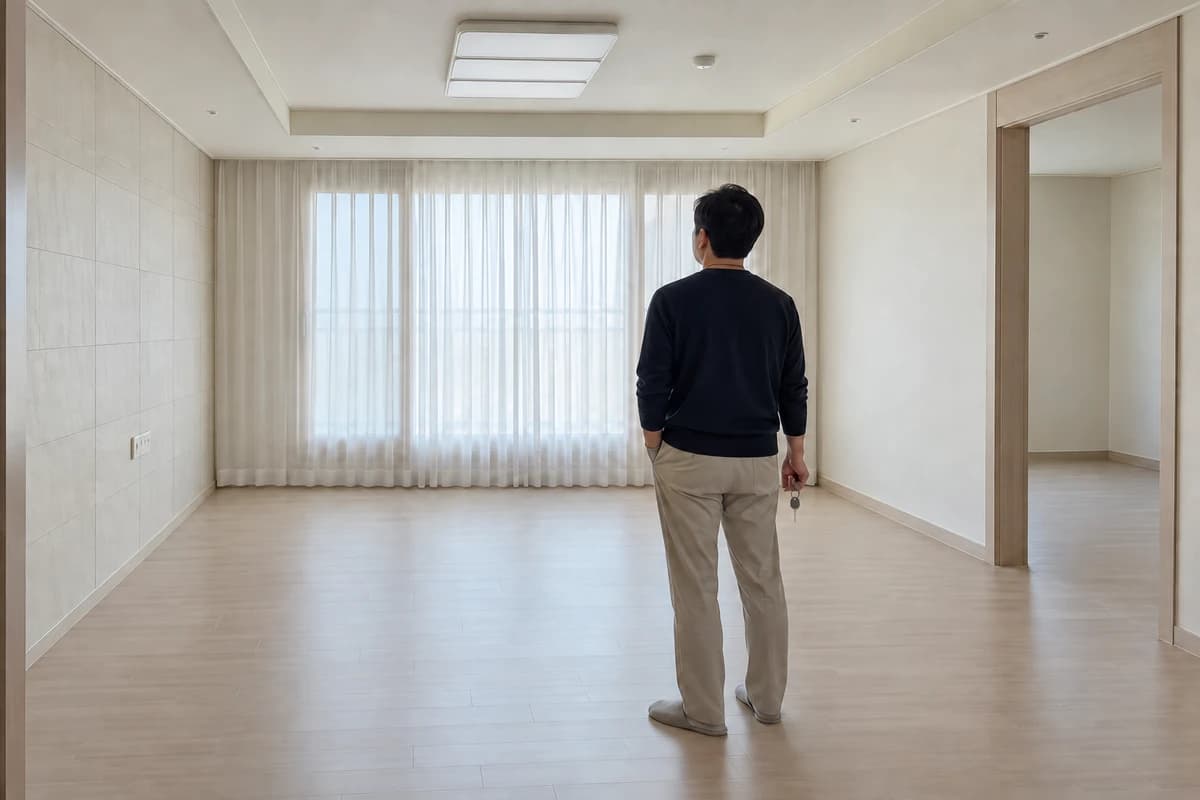 충 대표 이미지, 빈 새 아파트 거실에서 열쇠를 들고 둘러보는 40대 남성 a sign that your place is moving