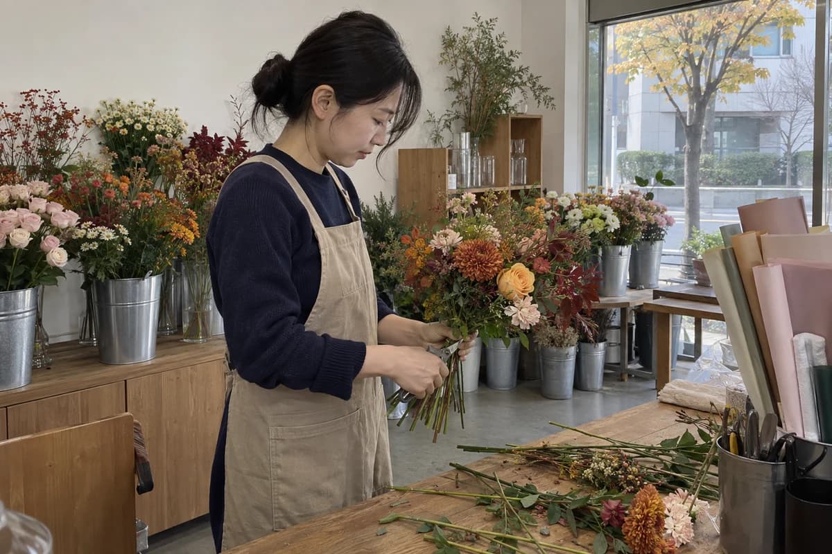 사주 직업적성 대표 이미지, 꽃집 작업대에서 꽃다발을 만드는 일에 몰두한 사람 work that fits