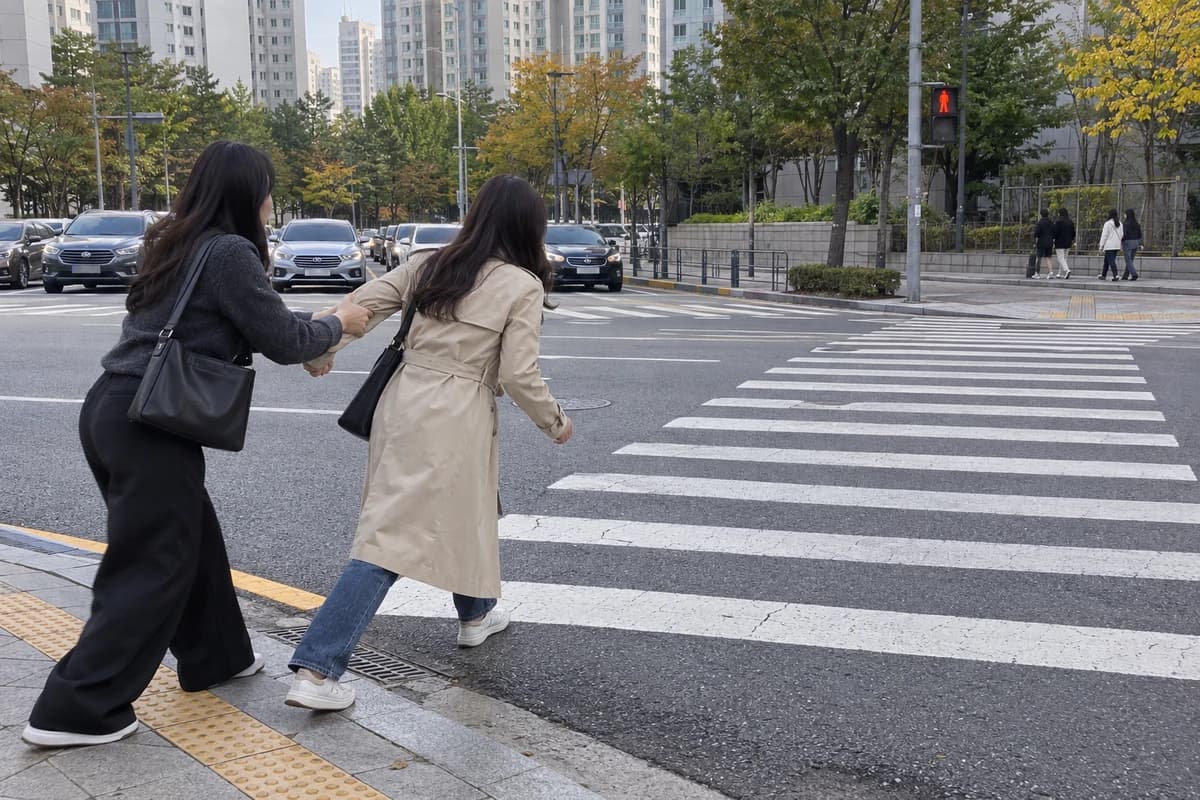 삼형살 대표 이미지, 빨간불에 뛰어나가려는 사람을 친구가 붙잡아 세우는 모습 in a hurry