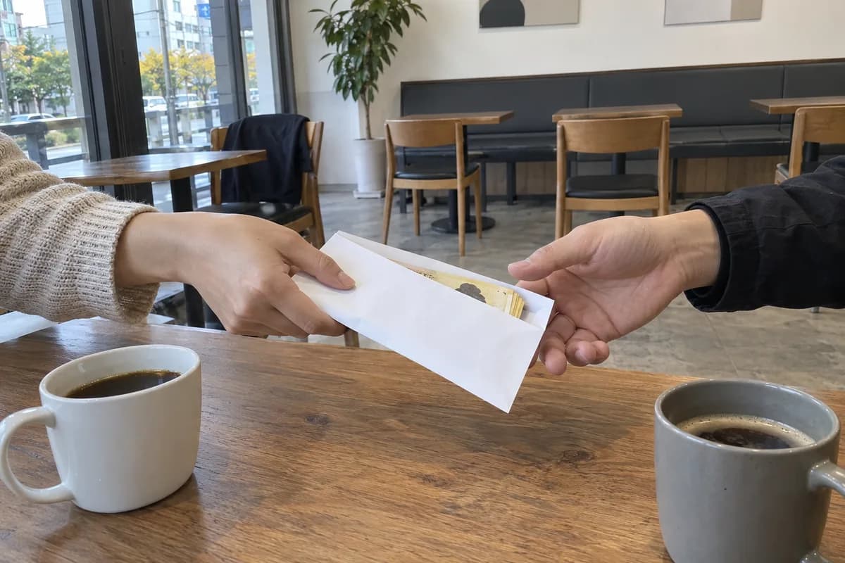 사기 잘 당하는 사주 대표 이미지, 카페 테이블 위로 현금 봉투를 상대에게 건네는 손 handing over money