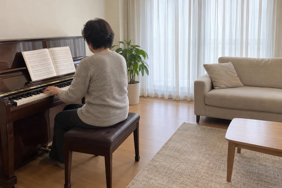 시주 대표 이미지, 거실에서 펼친 악보를 보며 피아노를 치는 60대 여성 life after fifty