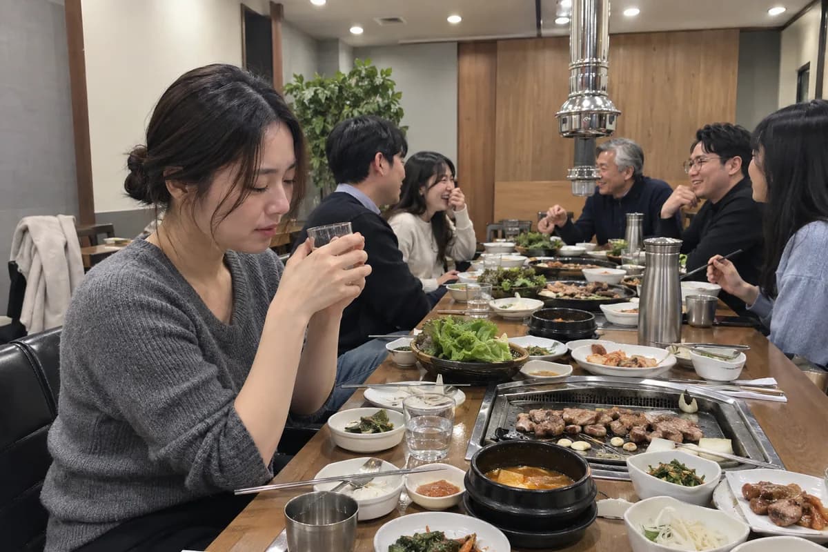 사람이 싫은 여자 사주 대표 이미지, 회식 자리 끝에서 웃음이 사그라든 채 지친 기색의 여성 drained in a crowd