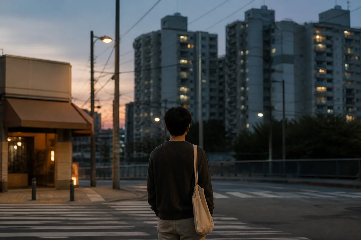 교운기의 변화를 표현한 사진으로, 해질녘 한국 주택가 횡단보도 앞에 혼자 서 있는 30대의 뒷모습