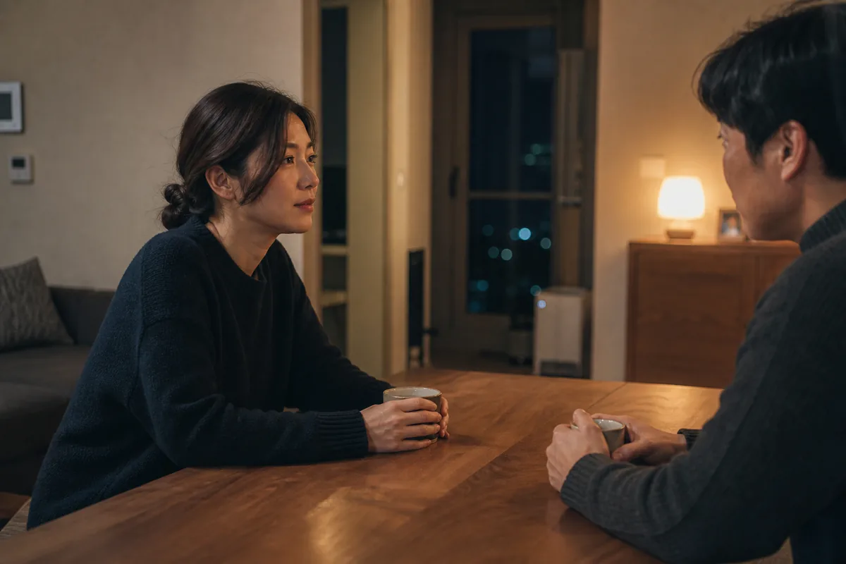 나쁜 기운 막는 법을 이야기하듯 낮은 상을 사이에 두고 조용히 대화하는 두 사람