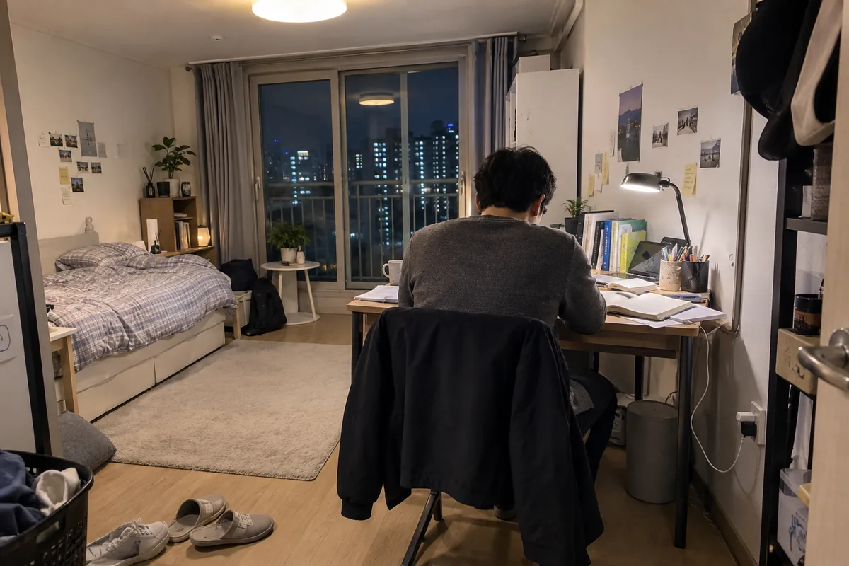 화개살 사주의 몰입력을 보여주는 늦은 밤 책상 앞 뒷모습