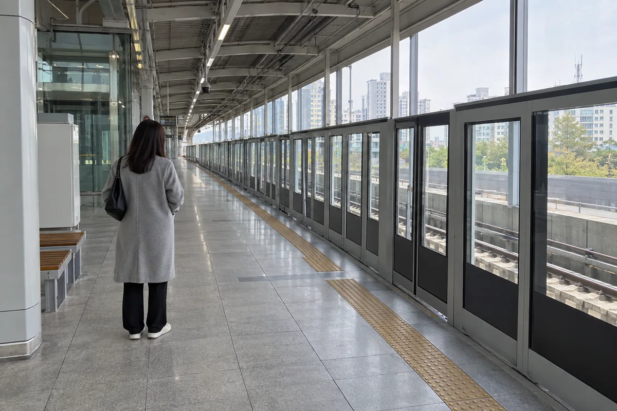 면접일 택일 전 이동 시간을 넉넉히 잡고 일찍 나선 이른 아침 지하철 승강장 subway platform morning
