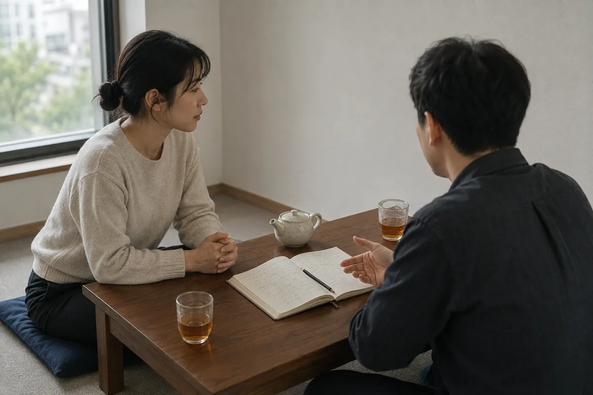 자미두수 상담을 앞두고 질문을 정리하며 마주 앉아 대화하는 한국인 두 사람