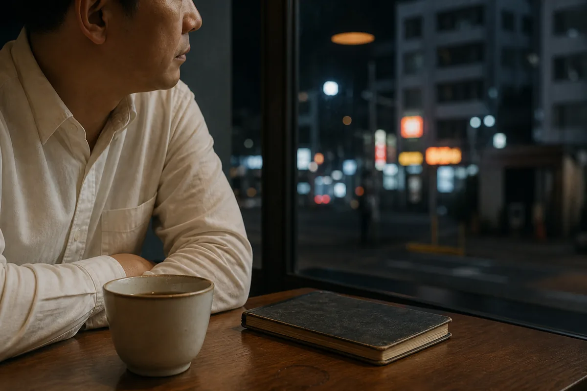 대운에 따라 발현 시기가 달라진다는 대목에 맞춘 밤 카페 창가에서 옆모습으로 생각에 잠긴 한국 남성 night cafe