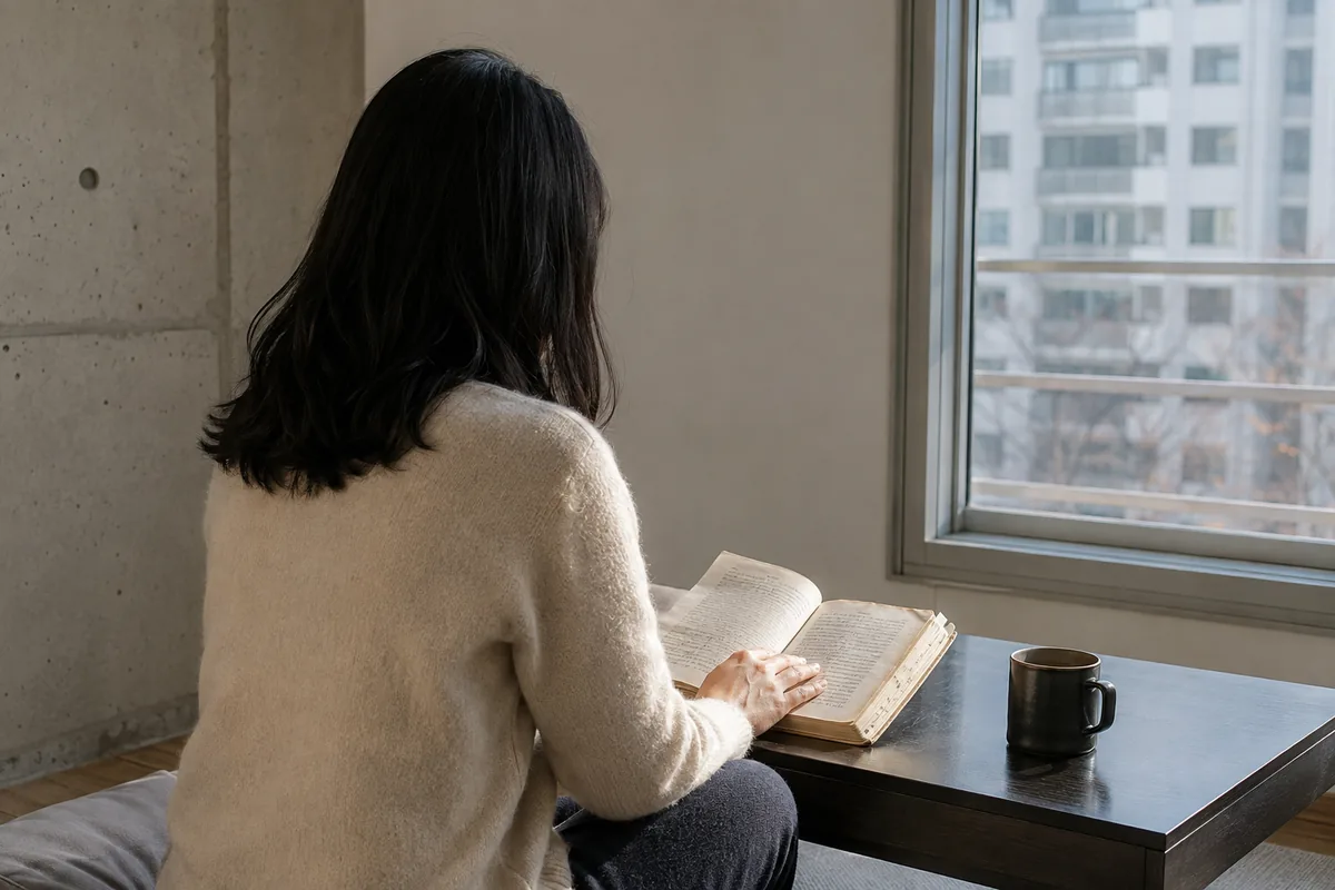 똑똑한 사주에서 말하는 그릇과 지속력을 보여 주려고 창가 낮은 상에서 뒷모습으로 책을 읽는 한국 여성 morning reading