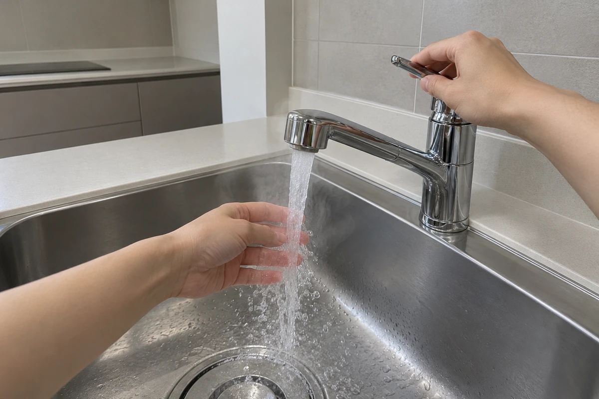 11월 손없는 날 점검 이미지, 입주 전 빈 주방에서 온수가 나오는지 확인하는 손 checking the hot water