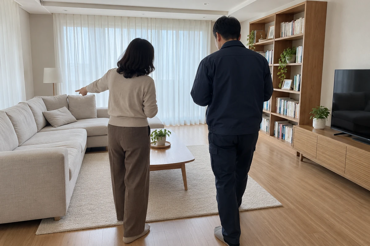 11월 손없는 날 비교 이미지, 거실에서 이삿짐센터 견적 담당자와 집을 둘러보는 집주인 getting a moving quote