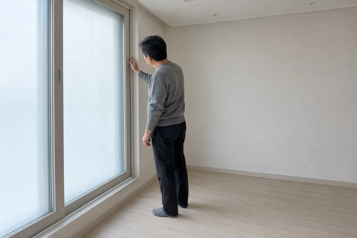 11월 손없는 날 마무리 이미지, 빈 거실 창가에서 창틀 모서리를 짚어 외풍을 살피는 남성 checking for drafts