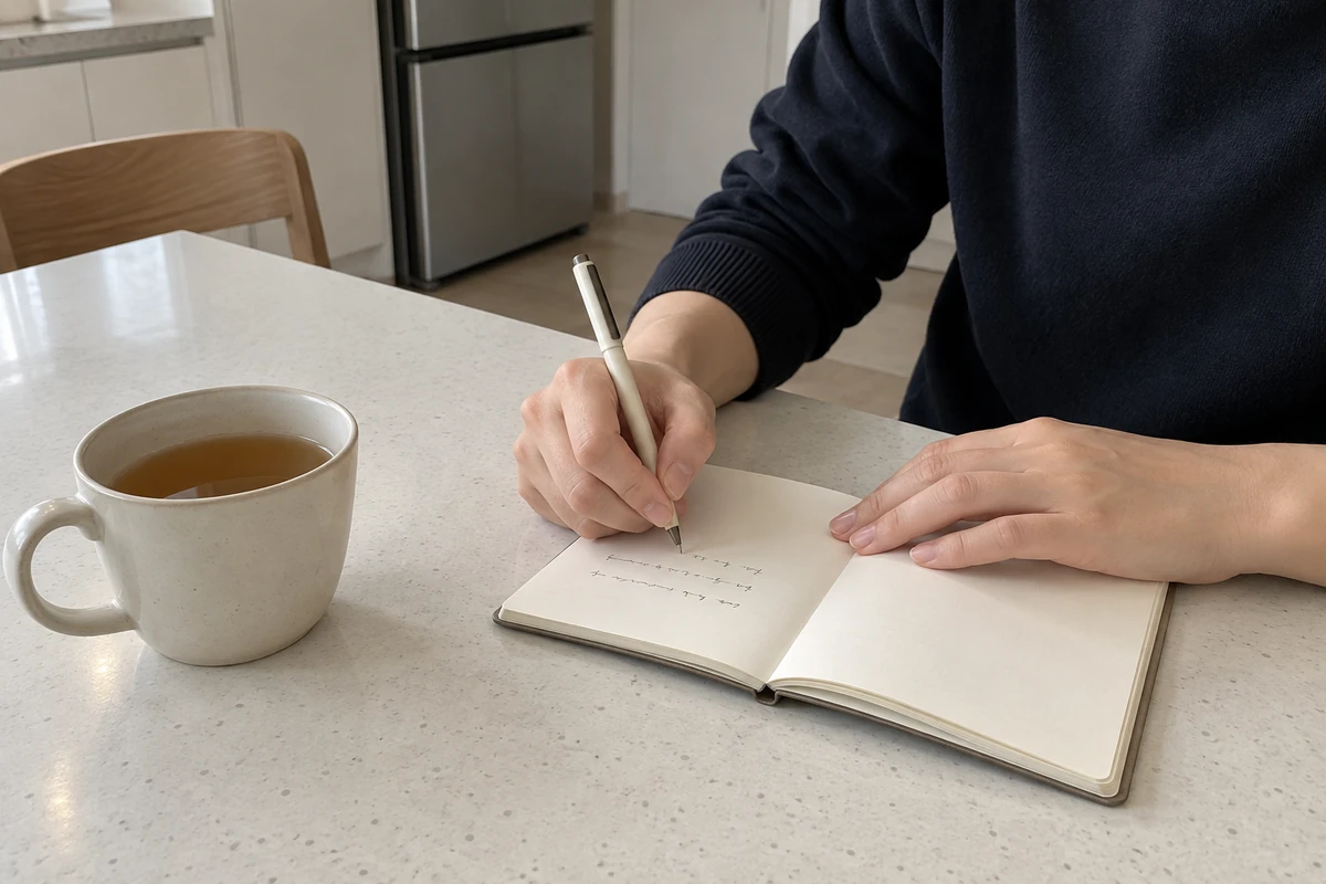 합 결정 이미지, 식탁에서 수첩에 몇 줄 적는 손과 찻잔 writing down who is involved