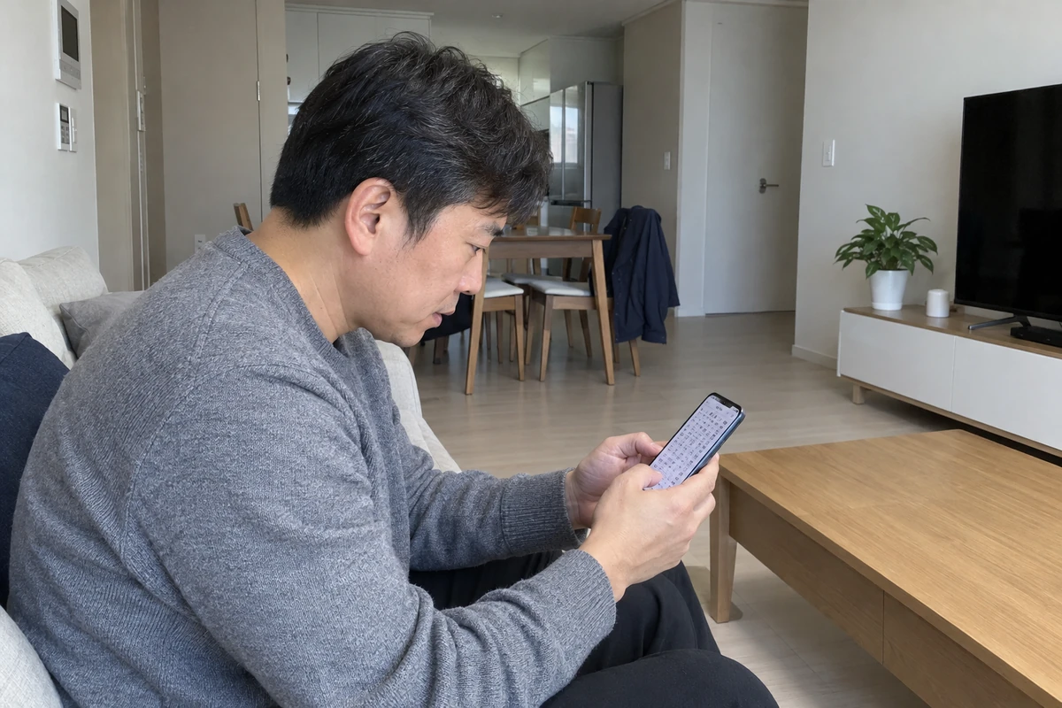 신강 신약 개념 이미지, 거실 소파에서 휴대폰으로 자기 사주 결과를 들여다보는 40대 남성 checking my own saju chart